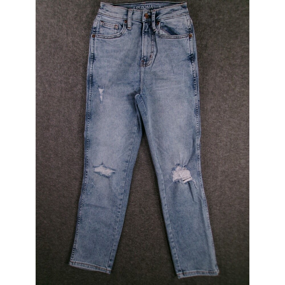 Arizona Jeans Women 1 Blue Highest Rise Straight Slim Fit Stone Wash Distressed